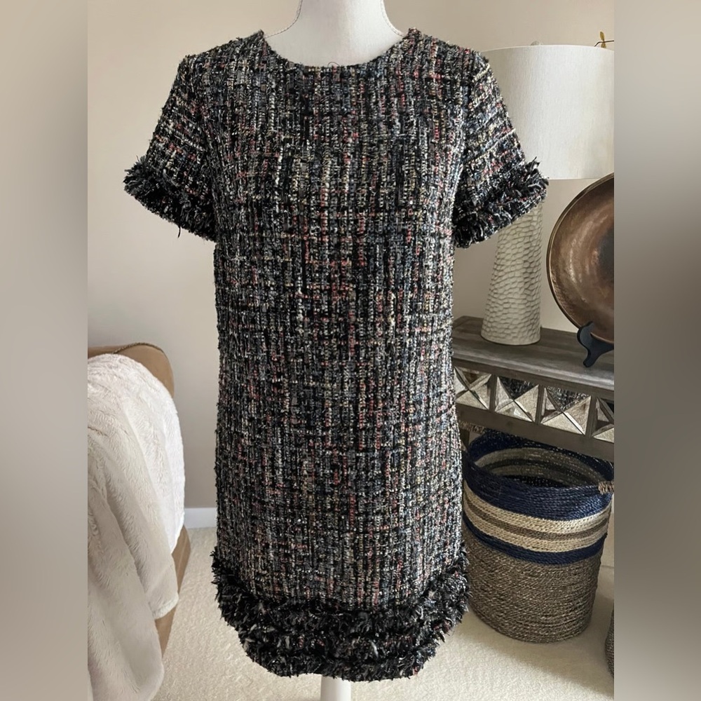 CeCe Tweed Black Gray Multicolor Fringe Hem Cap Sleeve Boucle Shift Mini Dress
